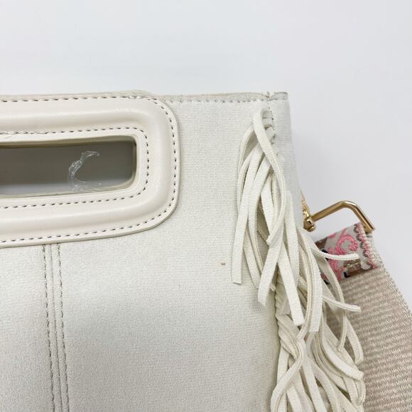 Ahdorned Cream Faux Suede Fringe Crossbody Bag with Pink Brown Wide Boho Strap - Picture 5 of 11